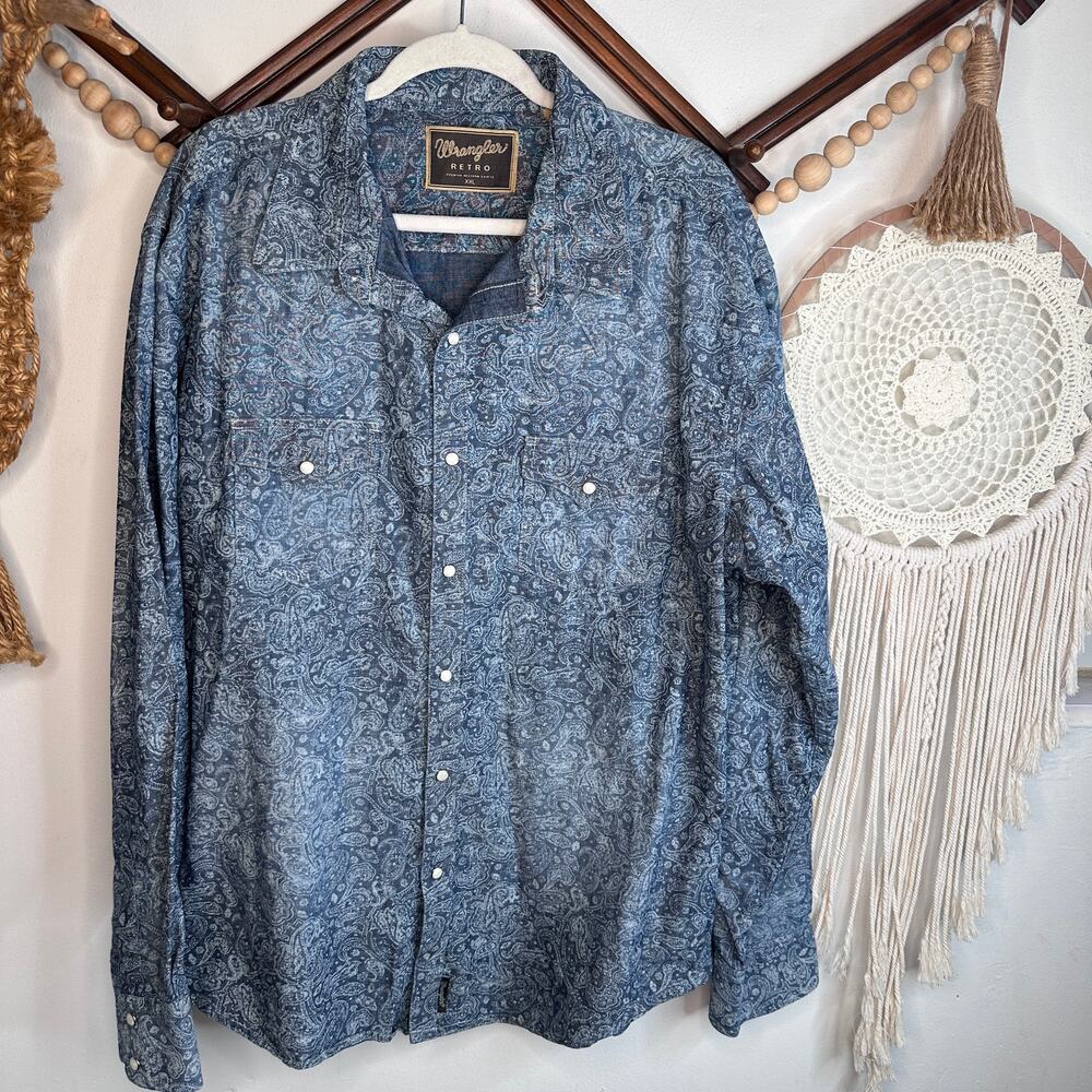 Wrangler Retro Long Sleeve Blue Paisley Pearl Snap Down Shirt